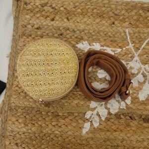 Woven Straw Circle Bag with Brown Strap